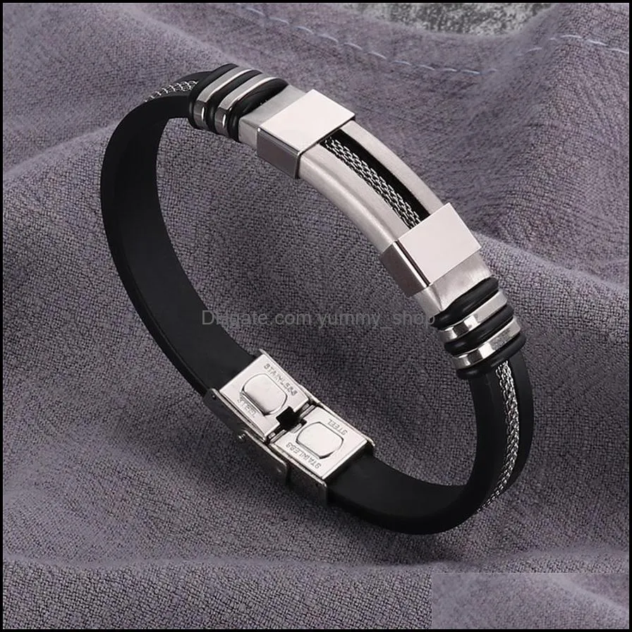 pretty stainless steel bracelet chic wristband punk style design simple rubber charm pulsera hombre men bracelet
