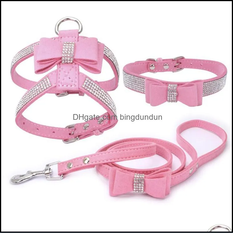 dog collars leashes set harness shiny rhinestone cute bow leash for cat kitten puppy strap small medium pet products
