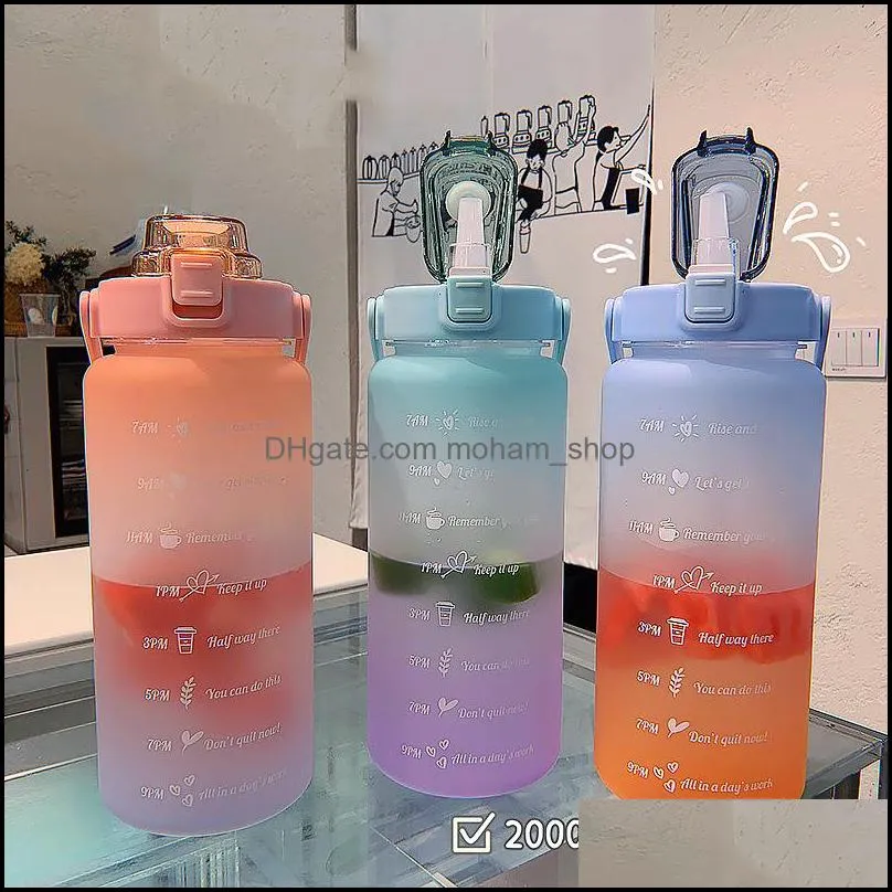 2l largecapacity water bottle straw cup high temperature plastic time scale frosted outdoor sports student couple