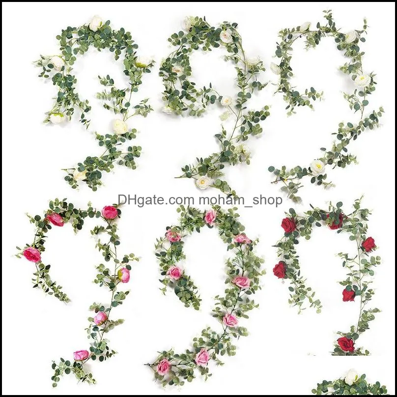 21 styles artificial eucalyptus with flower hanging rattan vertical garden home party wedding backdrop wall decor vine