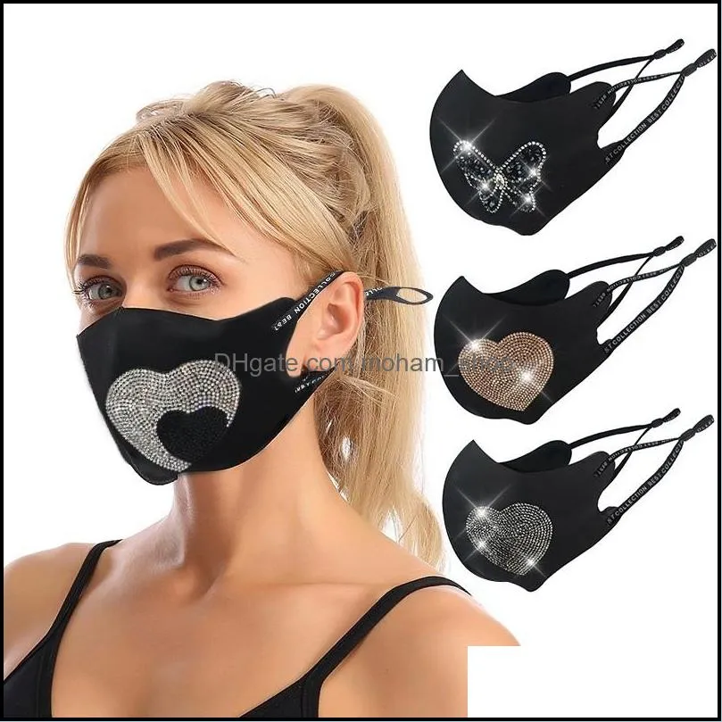 cloth face masks rhinestones love heart patterns rope stretchable mask breathable anti dust black facemask for adults 9 25jy g2