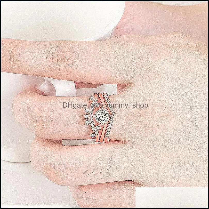 fashion and exquisite opening rose gold plated crown set ring inlaid zircon threepiece set ring double crown rings party gift jewelry