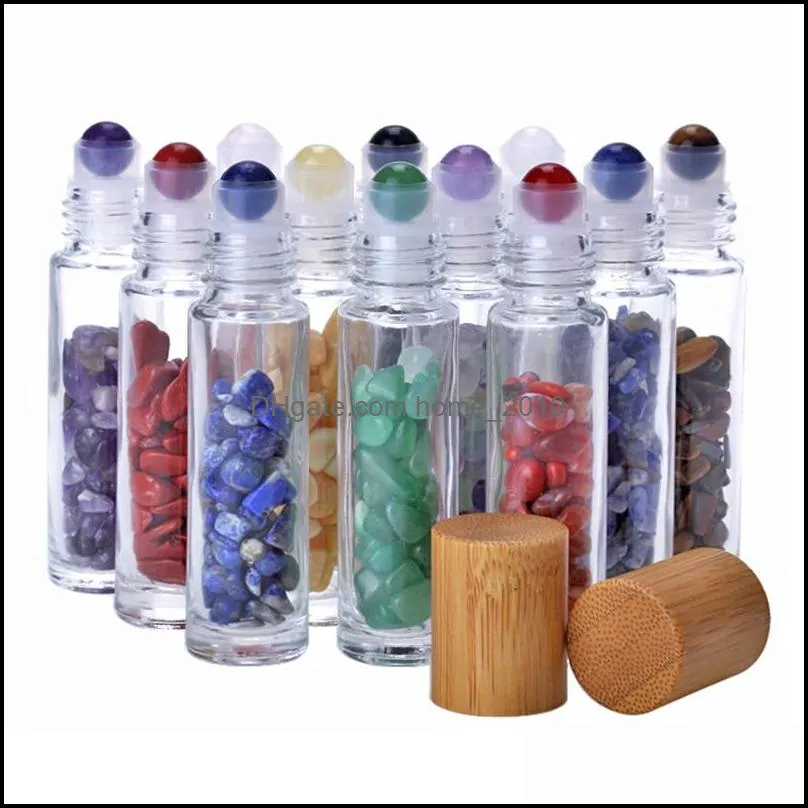 10ml  oil diffuser clear glass roll on perfume bottles with crushed natural crystals quartz stone crystal roller ball bamboo