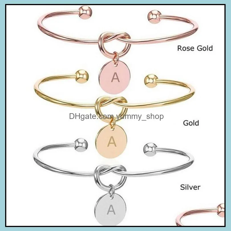 26 initial letter knot heart bracelet bangle girl fashion jewelry alloy round pendant bracelets for women bridesmaid gift