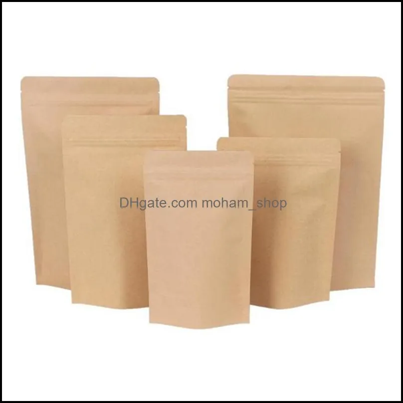 11 sizes brown kraft paper standup bags heat sealable resealable zip pouch inner foil food storage packaging bag with tear notc 4 l2