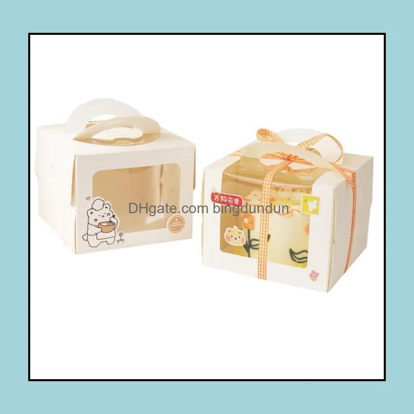 gift wrap 100pcs/lot 4 inch cartoon window white cake box with handle kraft paper cheese cakebox kids birthday wedding home party supply