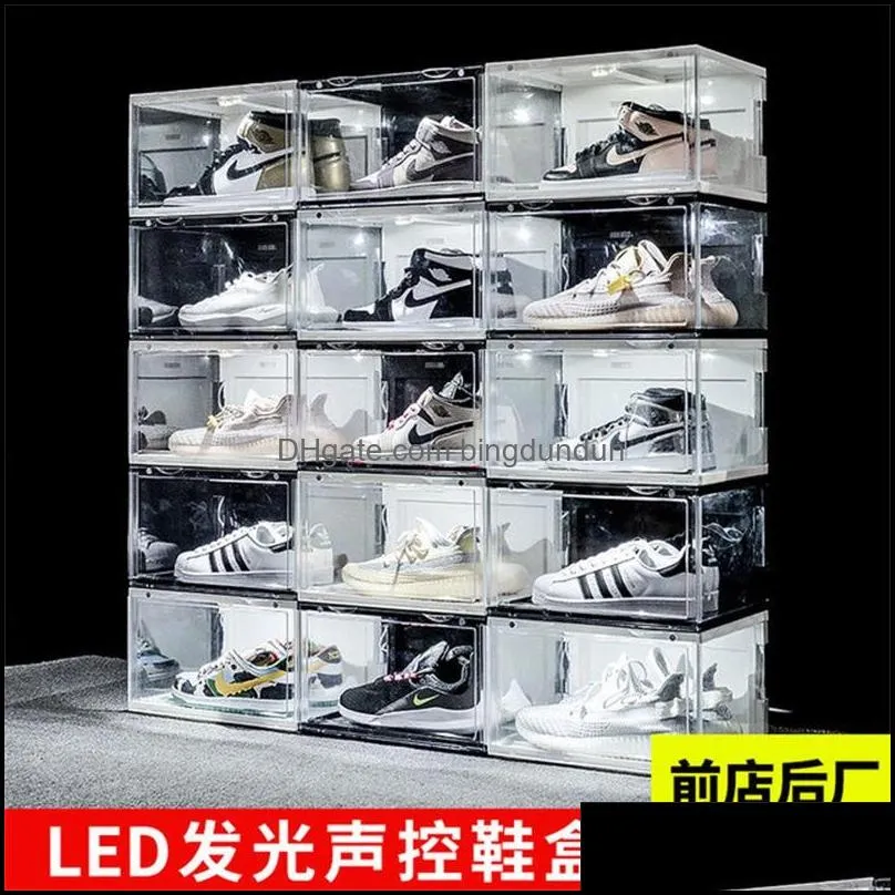  sound control led light clear shoes box sneakers storage antioxidation organizer shoe wall collection display rack 2844 q2