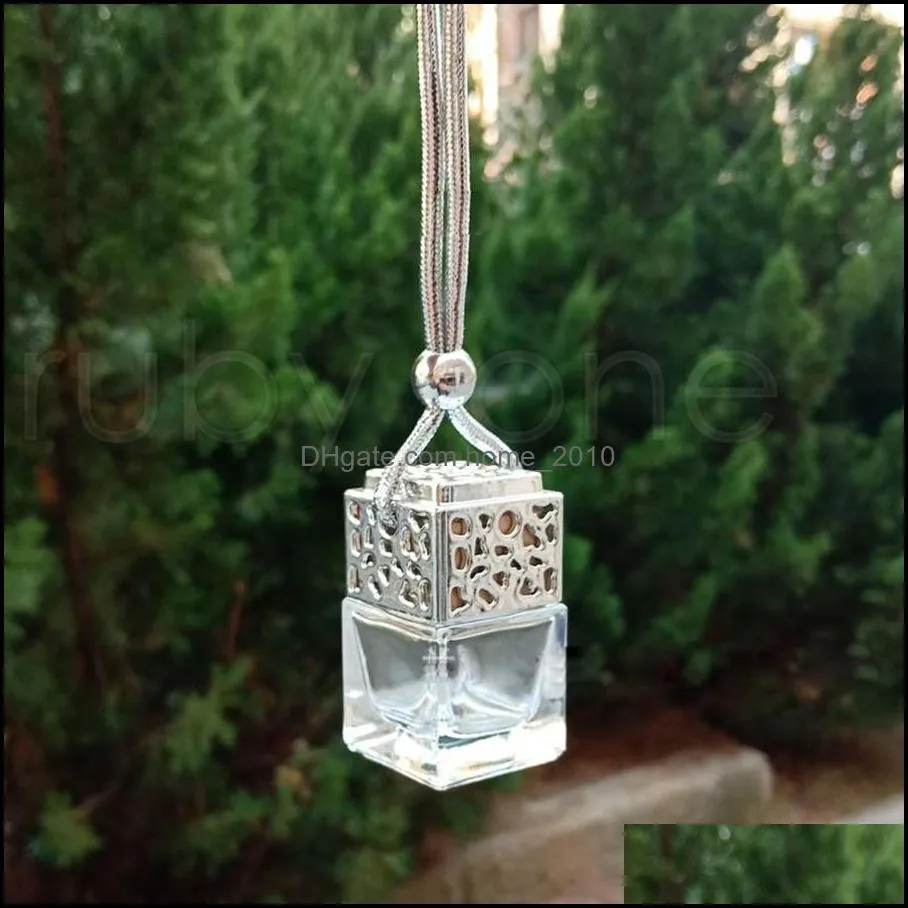cube hollow car perfume bottle rearview ornament hanging air freshener essential oils diffuser fragrance empty glass bottle pendant