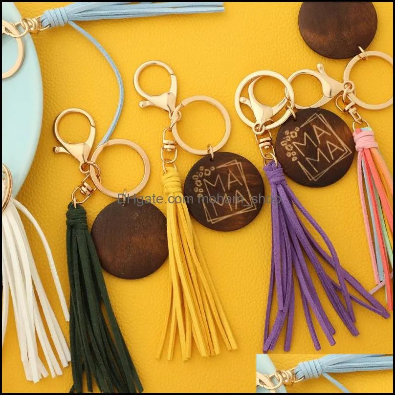 mama keychain party favor colorful tassel keychain with wood chips woman bag charms