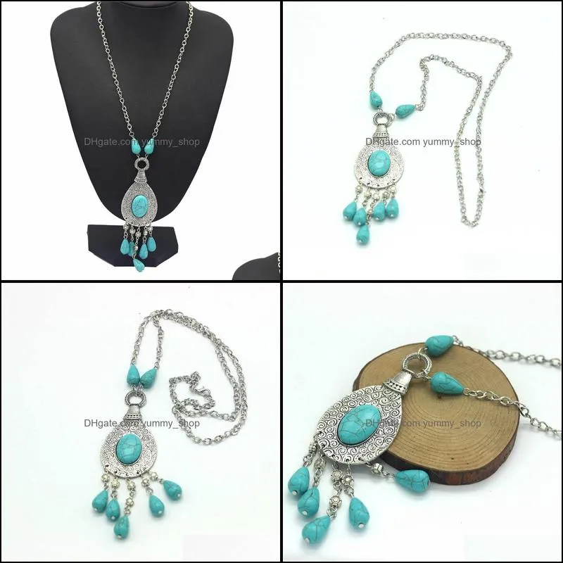 turquoise necklace retro patterns carved drop necklace sweater chain peacock tail pattern moon necklace