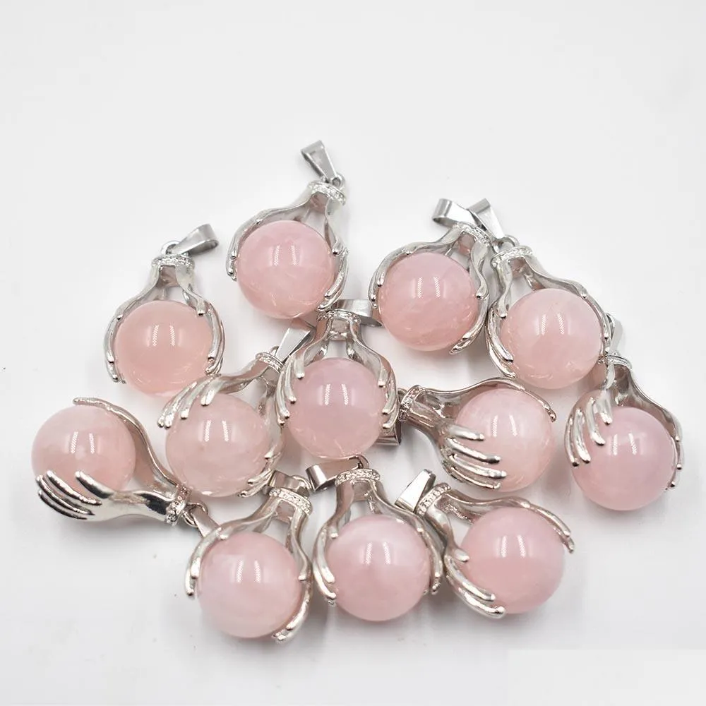 natural rose quartz crystal charms pendant hand hold round ball bead necklaces pendants yoga reiki chakra healing women men jewelry