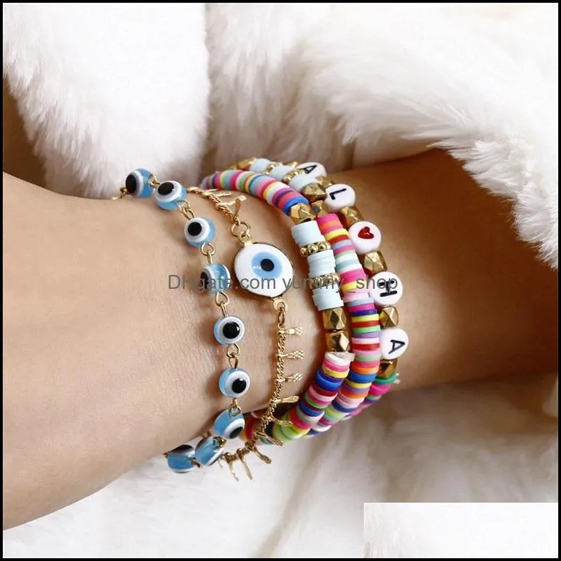 5pcs/set blue evil eye charm bracelets for women rainbow letter beads bracelet set fashion jewelry1 798 q2