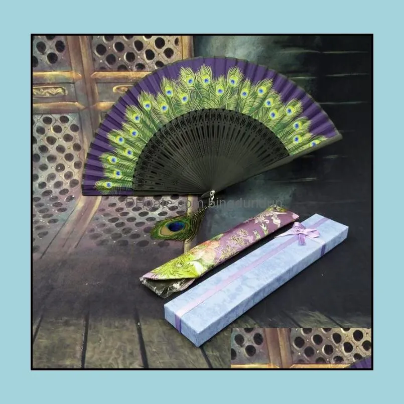 50set/lot vintage retro peacock folding fan hand bamboo silk dance fans home decoration gifts for friend sn913