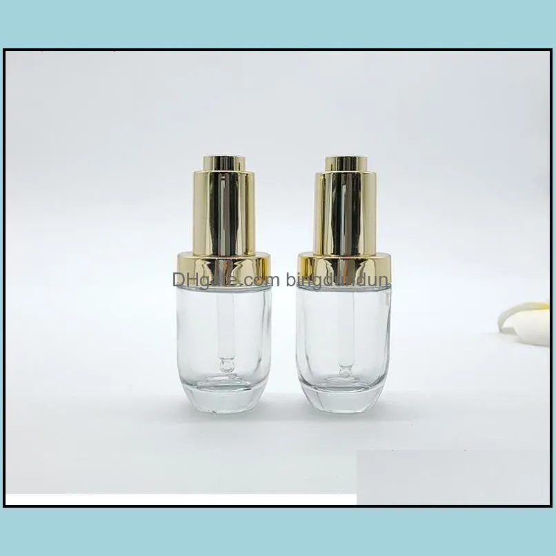 30ml cosmetic  oil perfume glass dropper bottle 30 ml with golden press pump lid cap sn3927