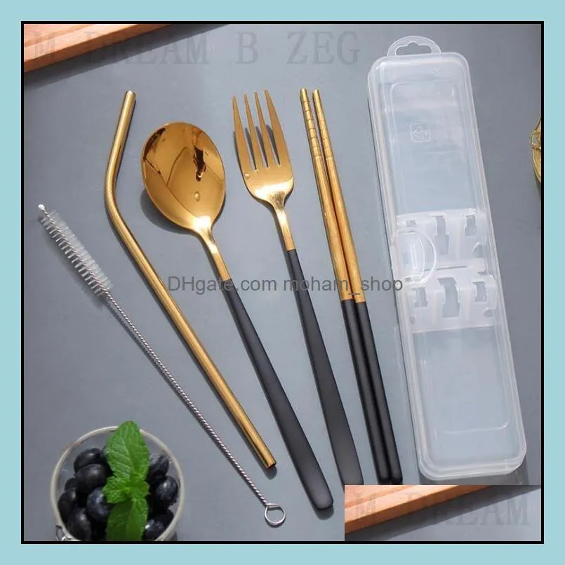 5pcs/set flatware set 304 stainless steel cutlery set japanese multipurpose tableware set spoon fork chopsticks sraw brush kd1901