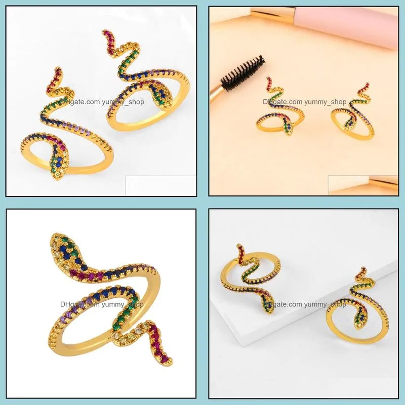 vintage creative colorful open adjustable gold ring gold plated brass micro inlay zircon snake ring women men aesthetic jewelry