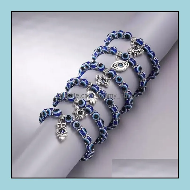 acrylic religious charms lucky hand beaded strands stretch bracelet jewelry evil blue eyes bead bracelet for women men jewellry party