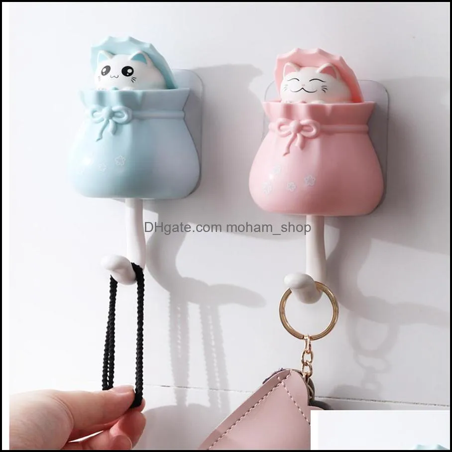 creative cute kitten hook punch porch key stick hook door retractable coat