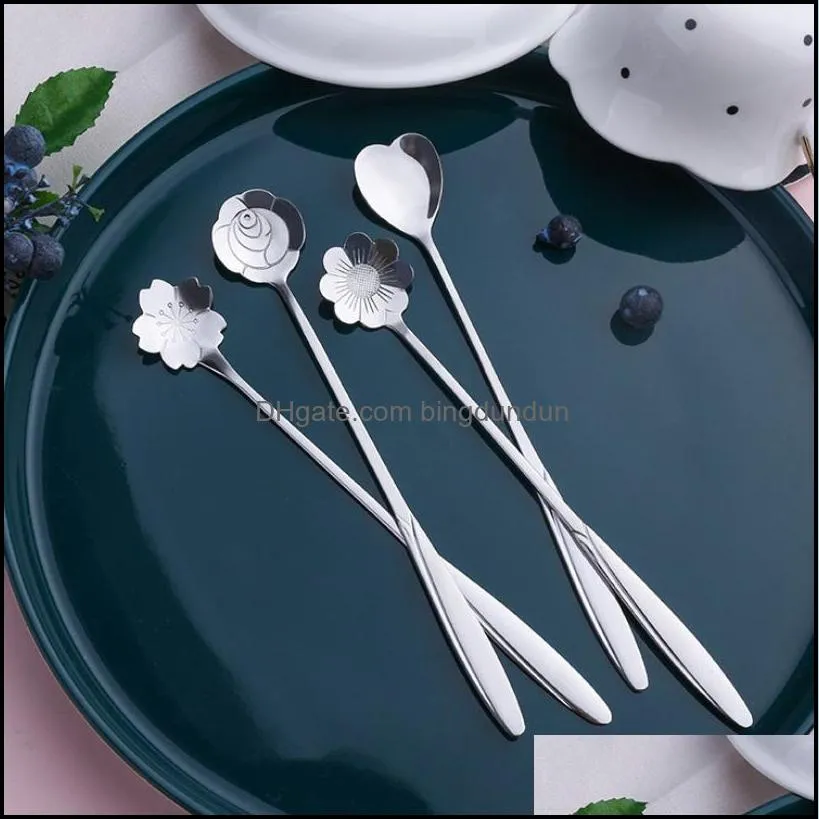 tea coffee scoops gold spoon long handle dessert stainless steel vintage teaspoons drink tableware flowers design