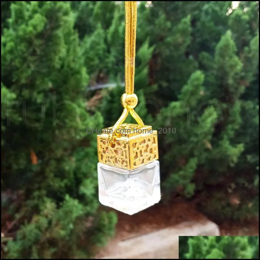 cube hollow car perfume bottle rearview ornament hanging air freshener essential oils diffuser fragrance empty glass bottle pendant