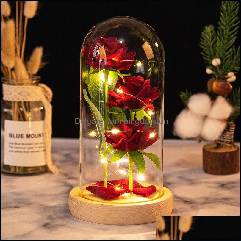 artificial eternal cloth decorative flowers rose led light beauty the beast in glass cover home decor for year valentines christmas mothers day