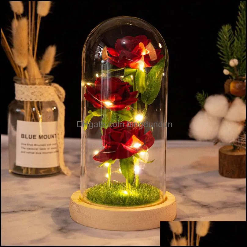 artificial eternal cloth decorative flowers rose led light beauty the beast in glass cover home decor for year valentines christmas mothers day