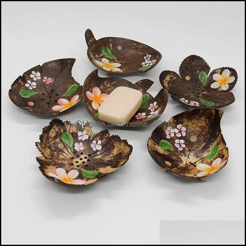 painted flowers creative soap dishes from thailand retro wooden bathroom soap coconut shape soap dishes holder home accessories 