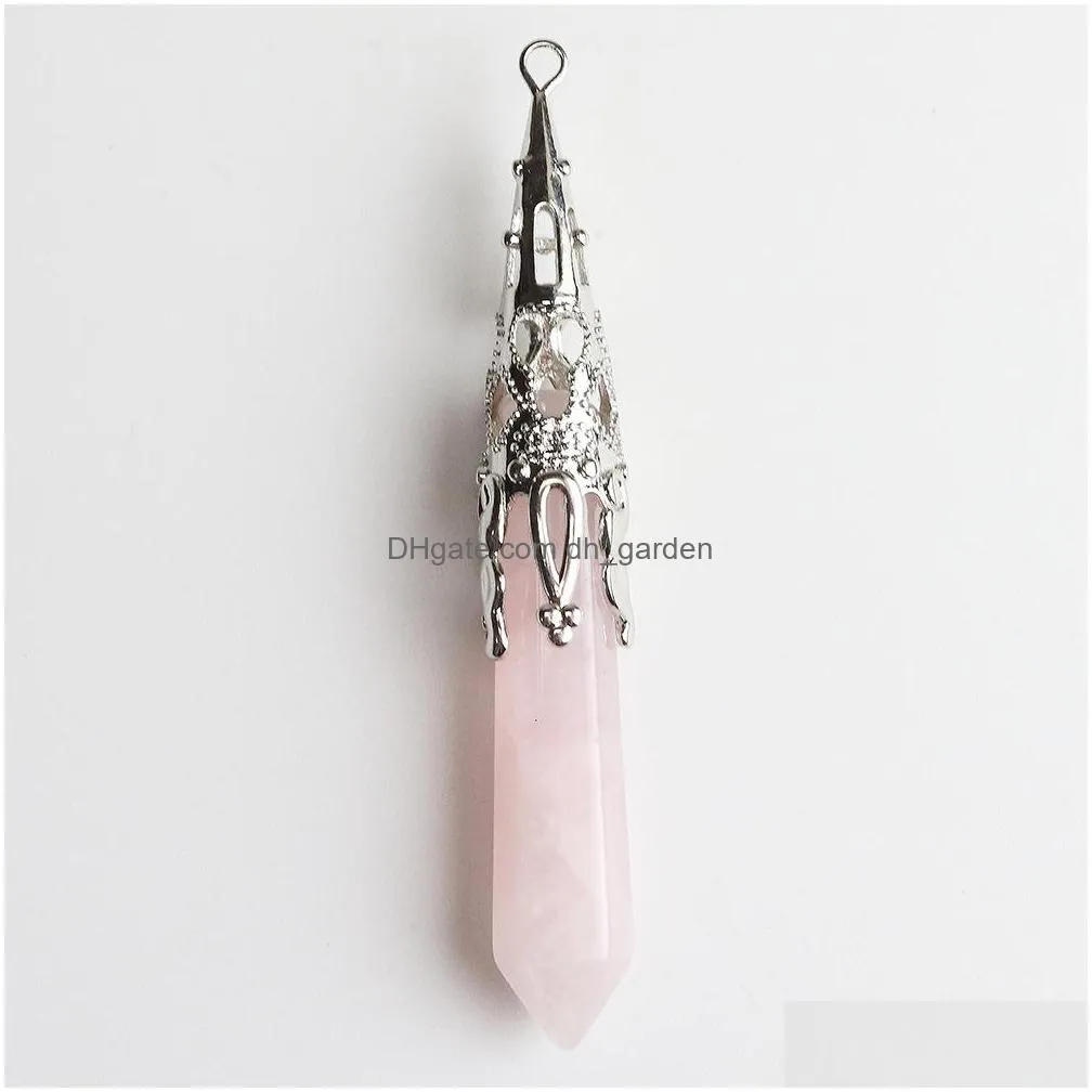 natural crystal hexagon prism shape chakra stone charms rose quartz pendants for jewelry accessories diy making wholesale