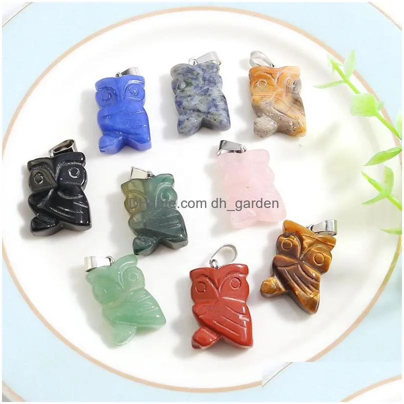 carved customized owl charms pendant natural stone crystals healing chakra stones animal pendant for jewelry making 15x22mm