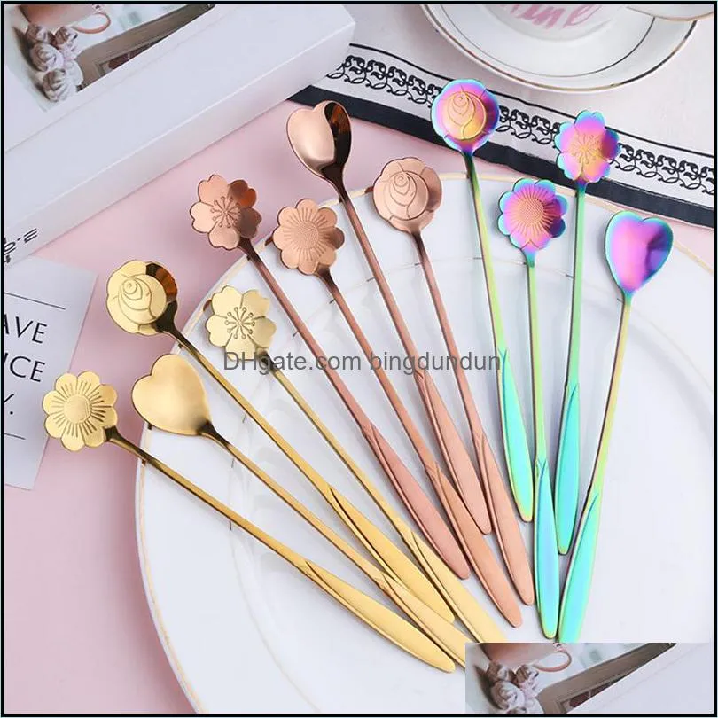 tea coffee scoops gold spoon long handle dessert stainless steel vintage teaspoons drink tableware flowers design