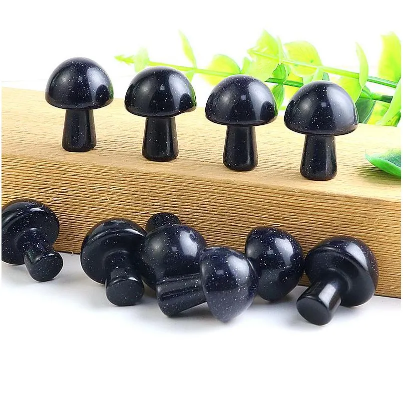 20mm mini mushroom plant statue ornament blue gold sand stone carving home decoration crystal polishing gem