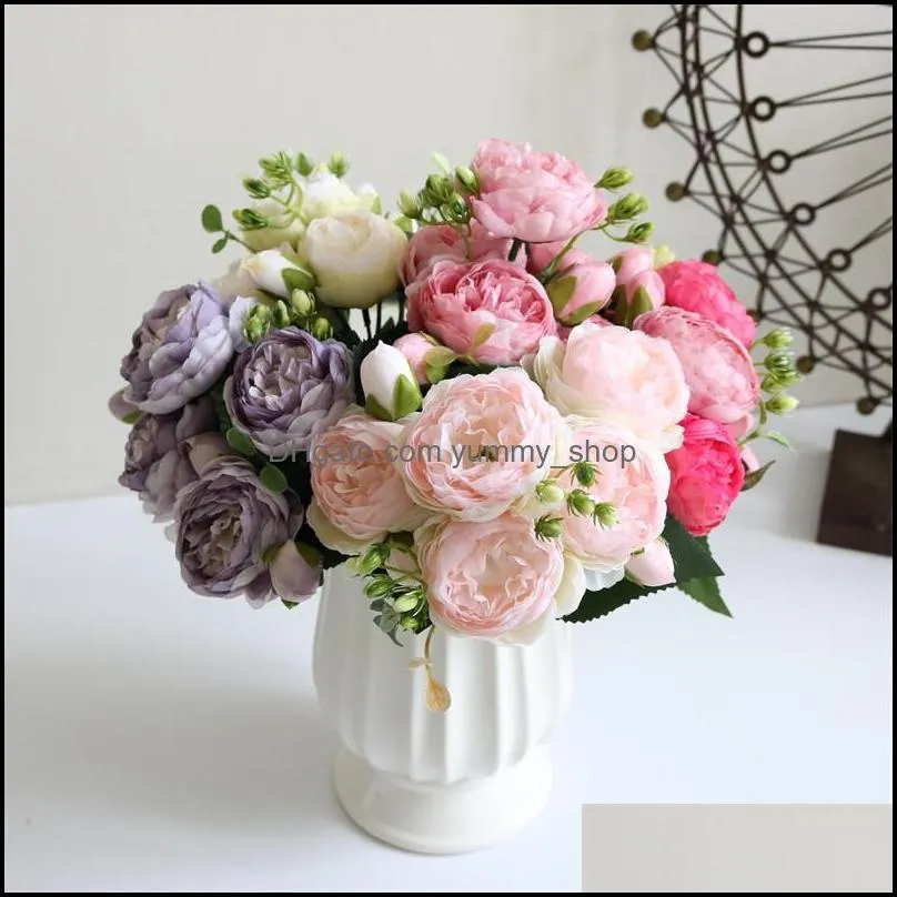 5 heads artificial silk rose flower bunch plants bouquet fake home wedding decoration garden floral office bedroom party 610 s2