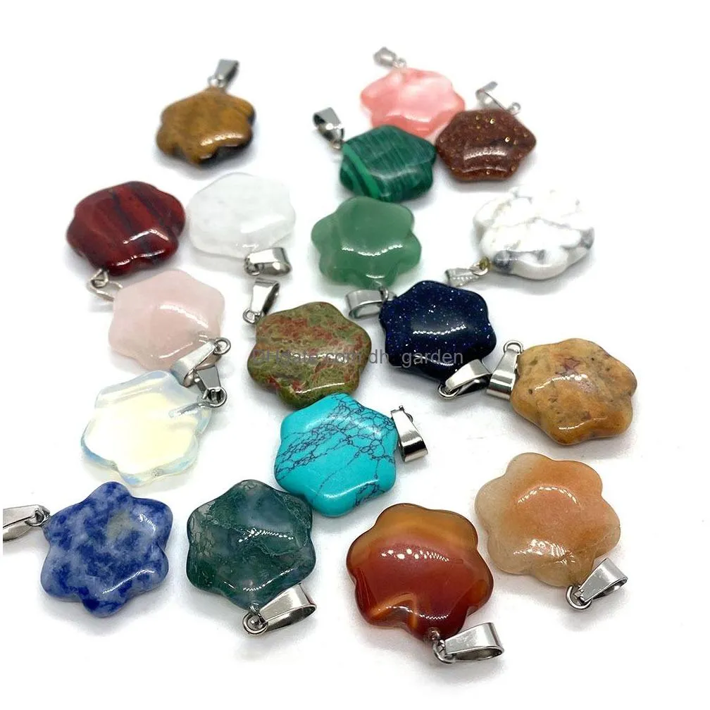 natural crystal stones charms flower shape tiger eye black onyx rose quartz stone charm beads pendants for jewelry making