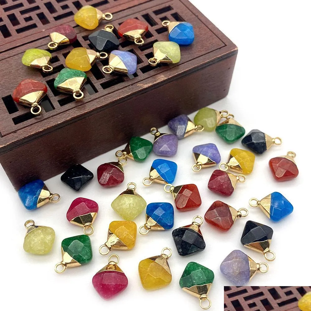 12x15mm natural crystal stone charms decorate little rhombus green yellow jade pendants gold edge trendy for necklace earrings jewelry making
