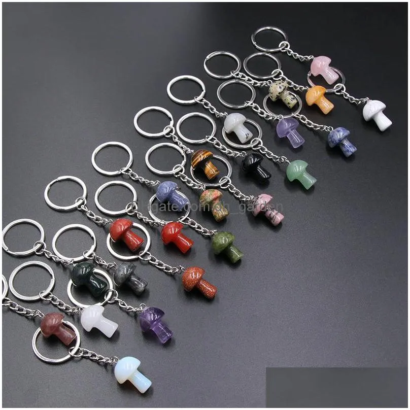 mini mushroom statue key rings chains natural stone carved charms keychains healing crystal keyrings for women men