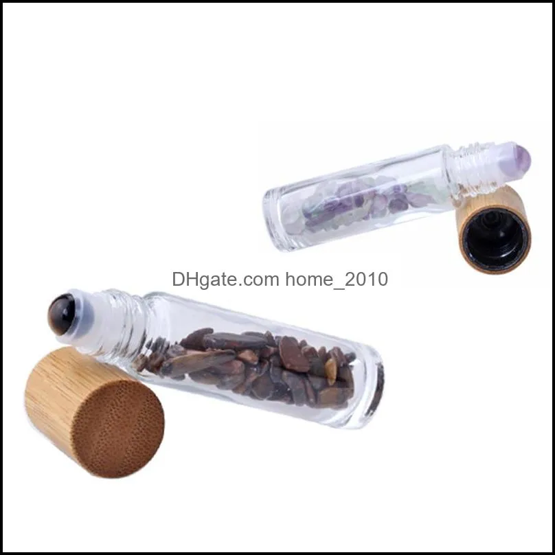 10ml essential oil diffuser clear glass roll on perfume bottles with crushed natural crystals quartz stone crystal roller ball bamboo