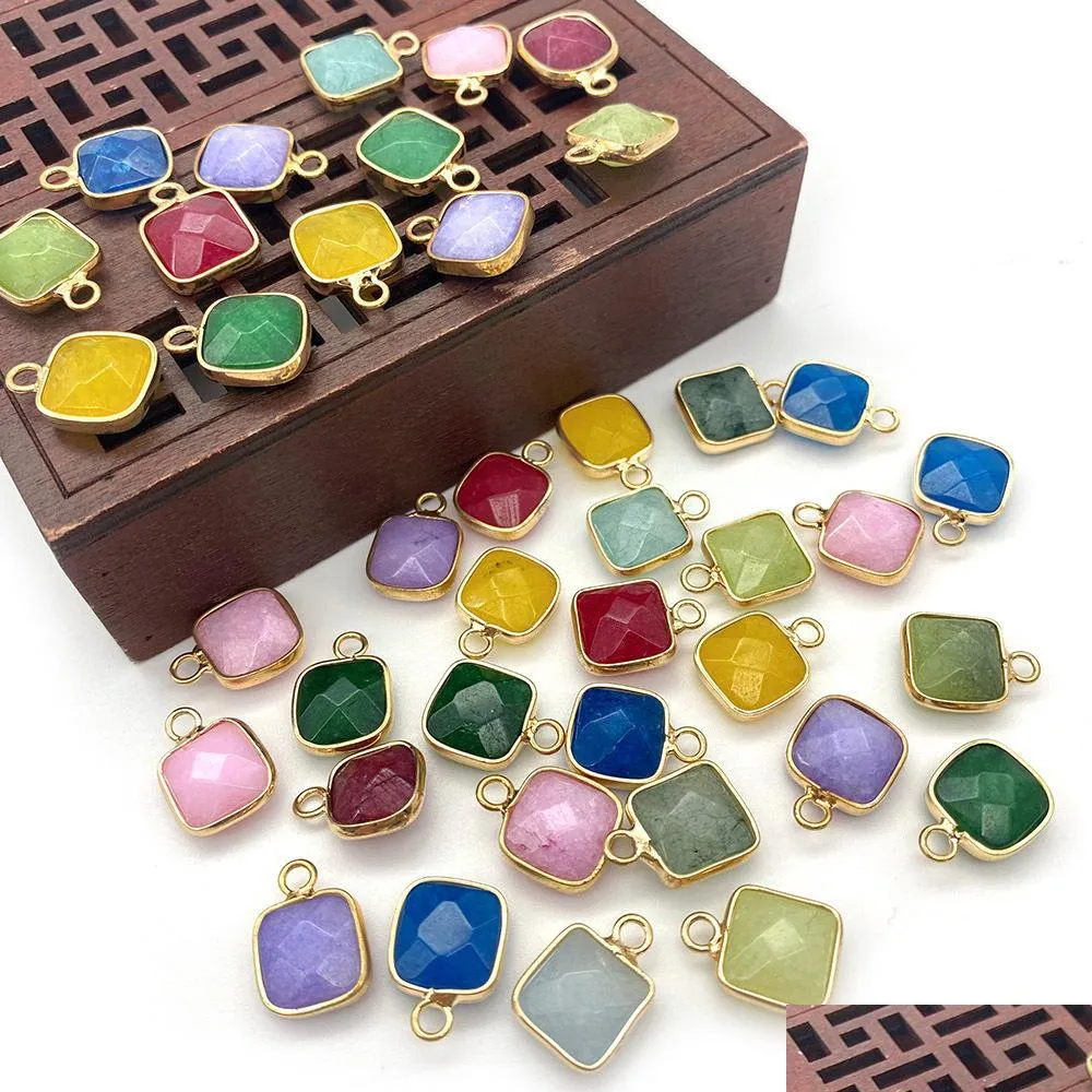 11x15mm gold bunding edge square natural crystal jade stone charms green blue quartz pendants trendy for jewelry making wholesale