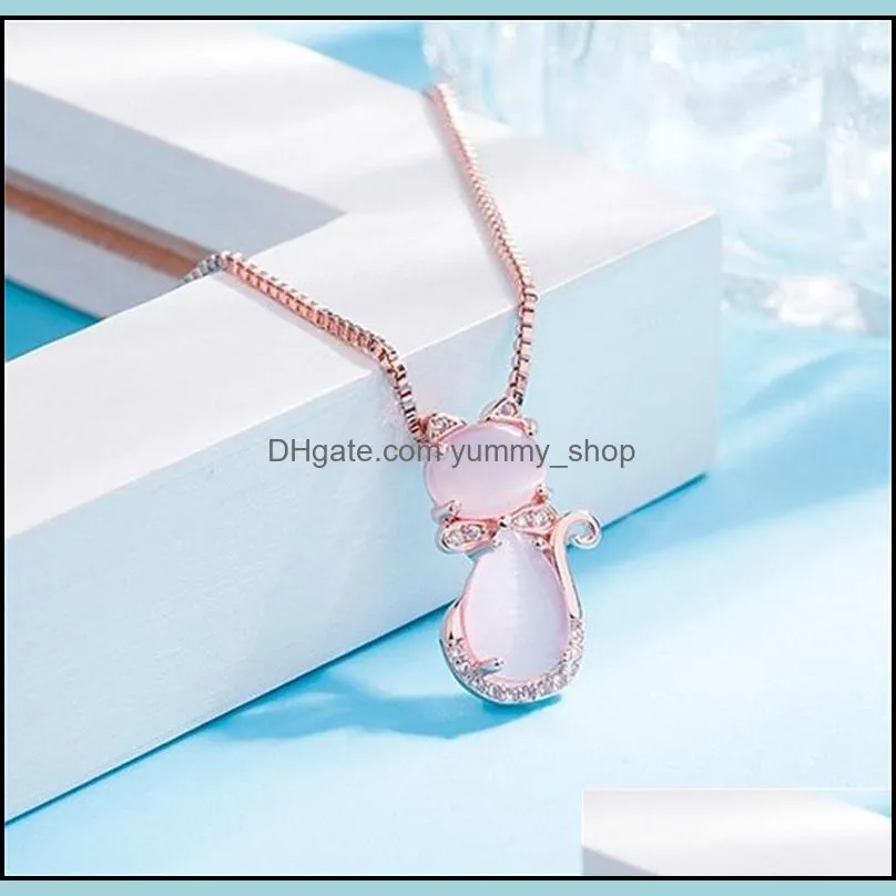 moonrocy rose gold color cz crystal ross quartz pink opal necklace earrings and ring jewelry set for cute cat jewelry women 469c3