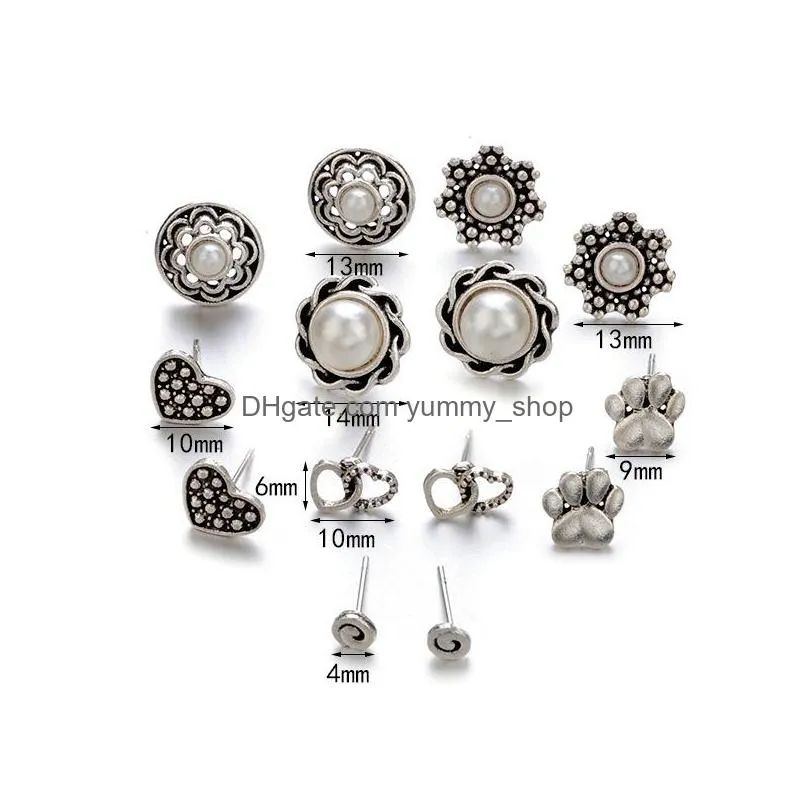fashion jewelry vintage earrings set heart pearl flower pet paw cute stud earrings 7pairs/set