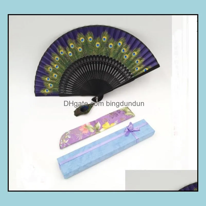 50set/lot vintage retro peacock folding fan hand bamboo silk dance fans home decoration gifts for friend sn913
