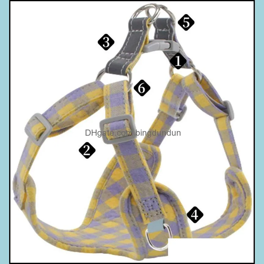 plaid reflective safety dog collars leash set harness dogs vest pet polyester brace chest strap buckle design can adjust the bust size