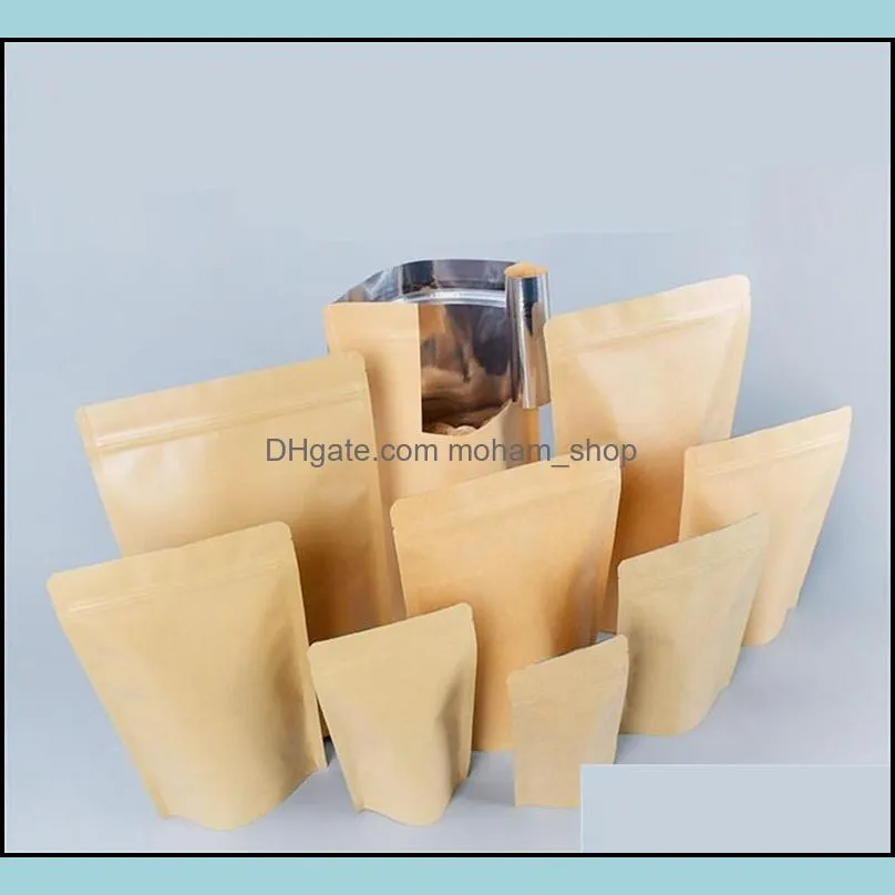 11 sizes brown kraft paper standup bags heat sealable resealable zip pouch inner foil food storage packaging bag with tear notc 4 l2