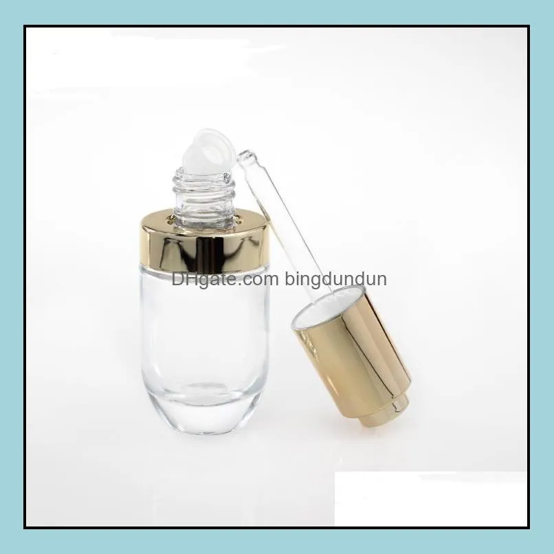 30ml cosmetic  oil perfume glass dropper bottle 30 ml with golden press pump lid cap sn3927