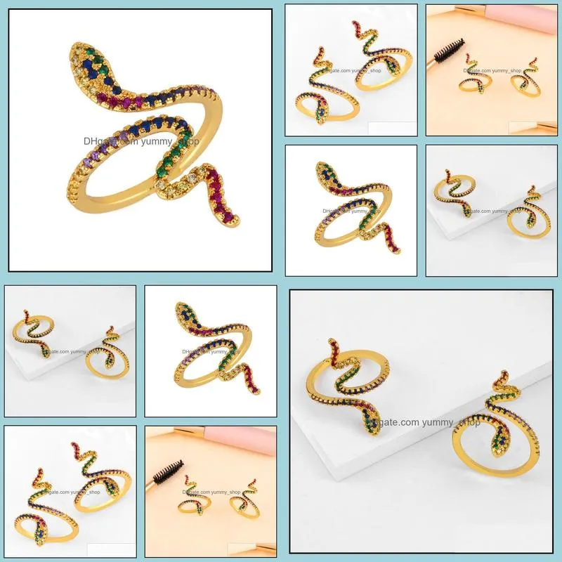 vintage creative colorful open adjustable gold ring gold plated brass micro inlay zircon snake ring women men aesthetic jewelry