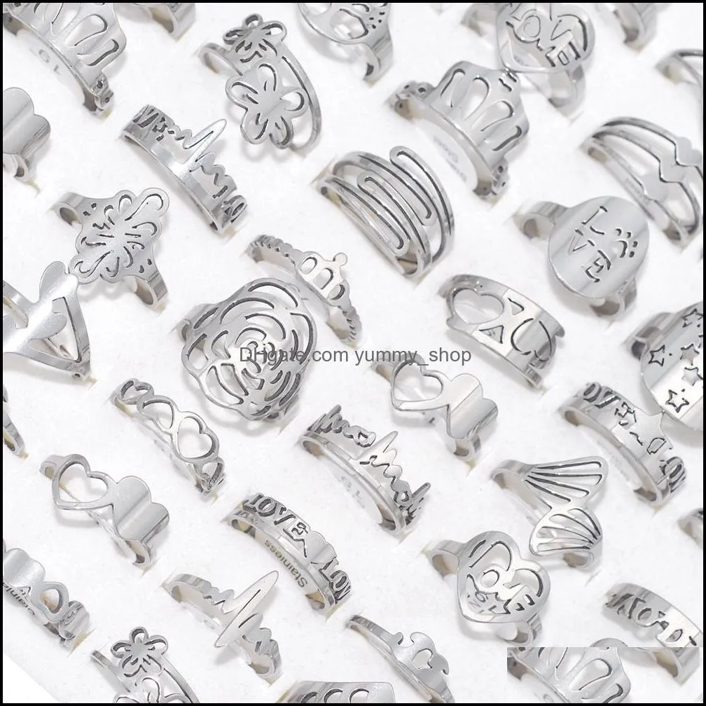 bulk lots 50pcs style mix silver plated stainless steel rings women men heart butterfly corwn flower trendy charm wedding party lover gifts accessories