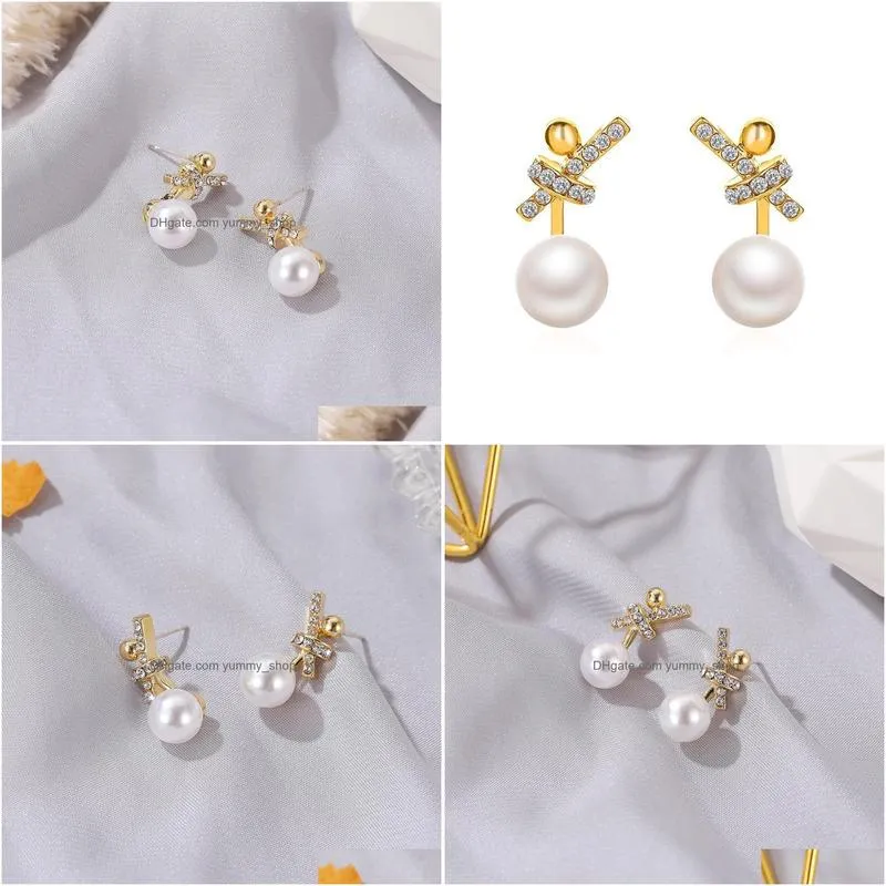 fashion jewelry faux pearl stud earrings s925 silver post rhinstone knot earrings