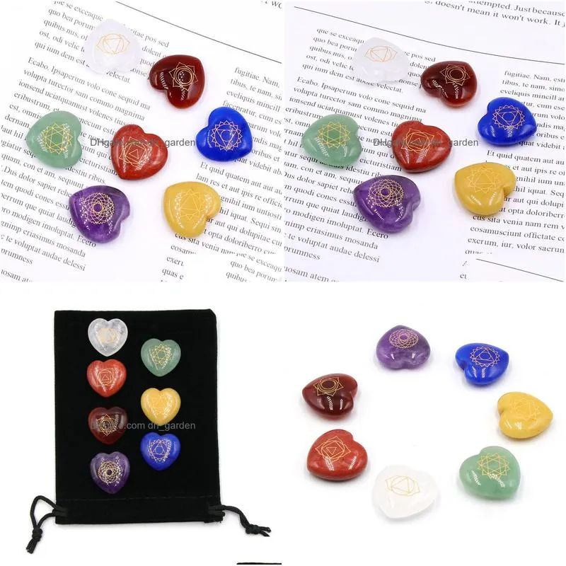 22mm heart love symbol chakra set reiki natural stone crystal stones polishing rock quartz yoga energy bead chakra healing decoration