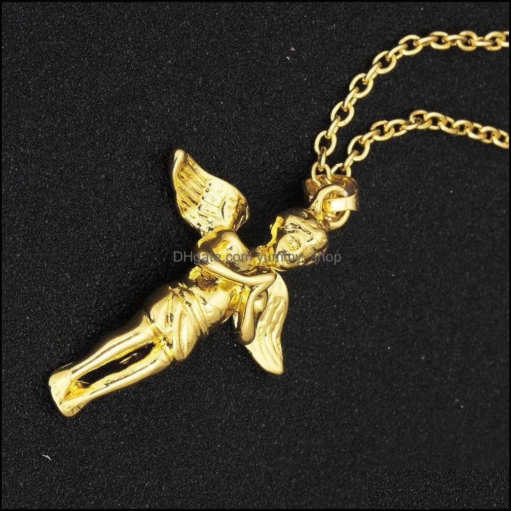 angel pendants necklaces pure silver/gold color chain hip hop jewelry for men necklace