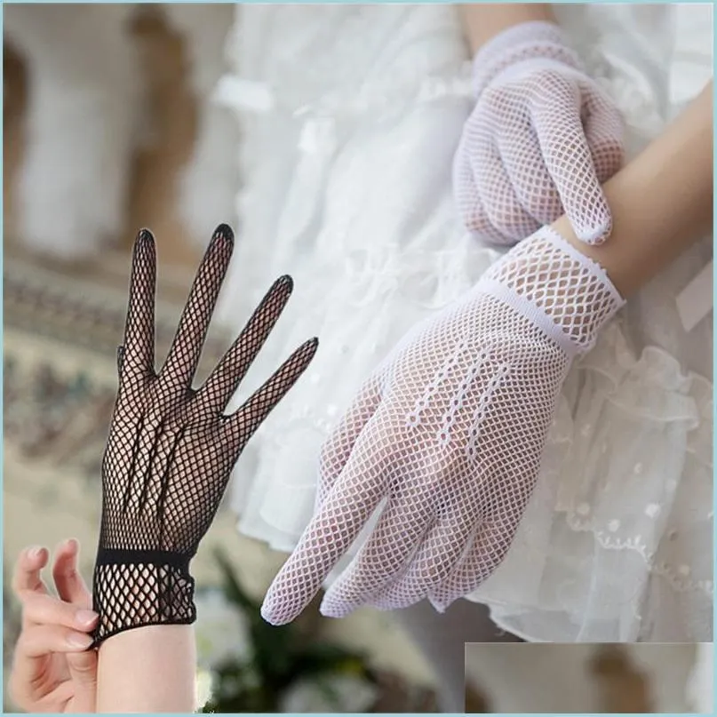 mesh fishnet female five finger short lace gloves thin dance retro party sexy black white gloves 20220224 t2