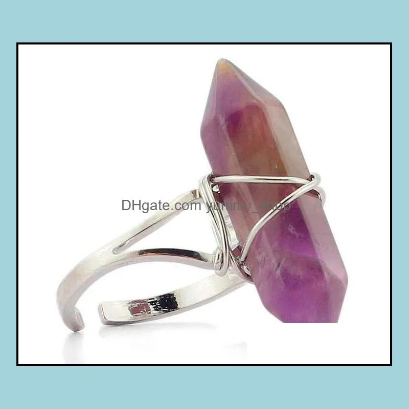  hexagonal prism rings gemstone rock natural crystal quartz healing point chakra stone charms opening rings for women men